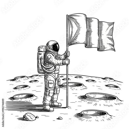 Astronaut plants flag on moon surface, space exploration, lunar mission, achievement