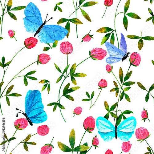 Pattern with wild flowers clover and beautiful butterflies on white background. Floral background, seamless pattern. Luxury wallpaper, fabric, paper