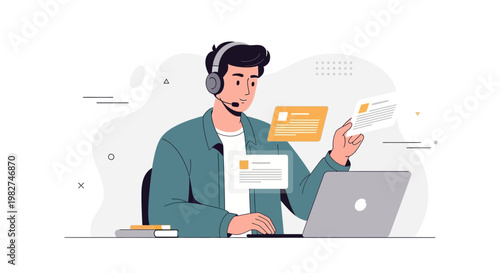 Man with headset working on laptop, virtual information display, online support concept