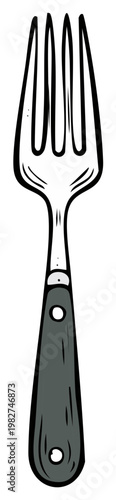 Illustration of a four pronged metal dining fork with a dark gray handle and a hole for hanging