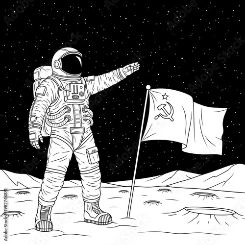 Astronaut plants Soviet flag on moon surface, space exploration, communism concept