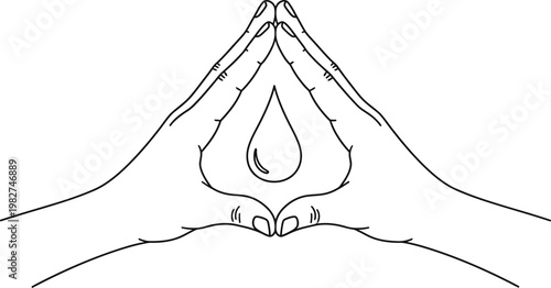 Two human hands forming a triangle shape around a simple water drop illustration to symbolize environmental awareness and nature conservation