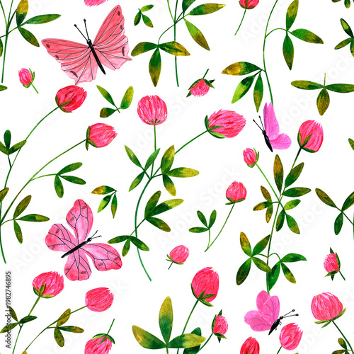 Pattern with wild flowers clover and pink butterflies on white background. Floral background, seamless pattern. Luxury wallpaper, fabric, paper