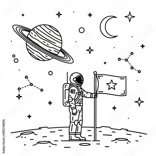 Astronaut plants flag on moon with planet and stars in background
