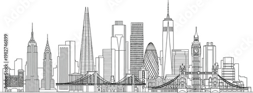 Detailed black and white line art drawing featuring a collection of famous international landmarks and iconic global city skyscrapers