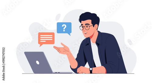 Man with Laptop, Chat Bubbles, Question Mark - Online Communication and Support Concept