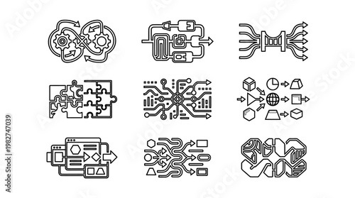 Icon Set of Technology and Network Symbols for Digital Communication and Data Connections