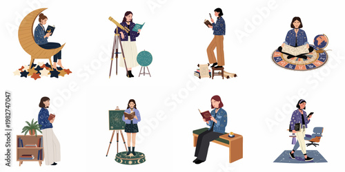 Set of flat vector illustrations depicting women engaged in astrology and astronomy activities, including reading zodiac books, using telescopes, and examining celestial maps.