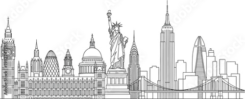Seamless black line art illustration presenting a panoramic cityscape skyline featuring iconic world landmarks and modern urban architecture on white.