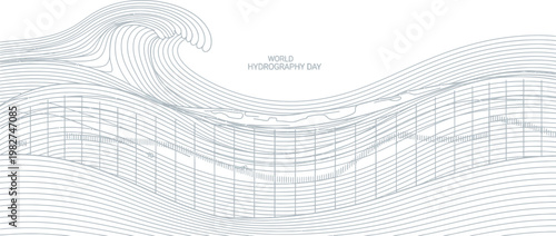 World Hydrography Day abstract illustration showing ocean waves with underwater mapping data and precise measurement lines for scientific exploration.