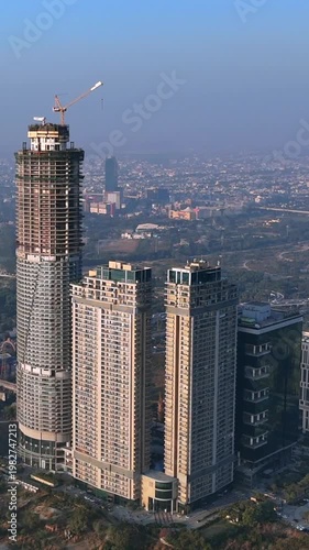 Vertical Aerial View of Modern High Rise Buildings in Kalindi Delhi India