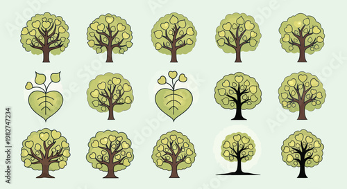 Collection of stylized trees with heart-shaped leaves, nature graphic elements