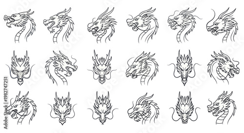 Collection of Hand-Drawn Dragon Heads, Mythical Creature Sketches, Fantasy Art