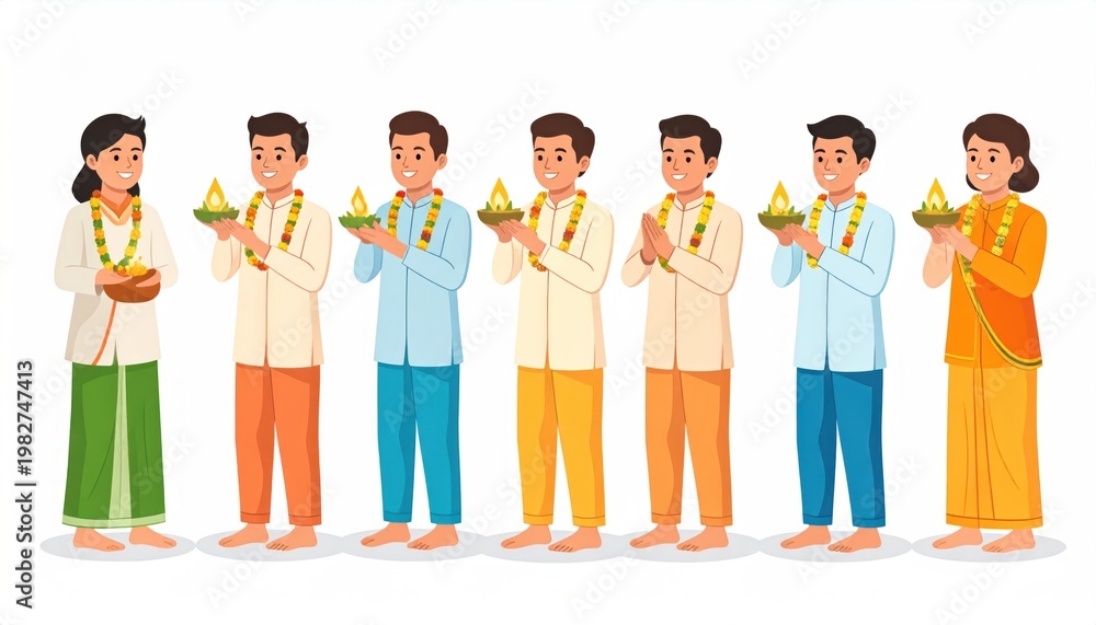 Fototapeta premium Group of people in traditional attire holding lamps and offerings.