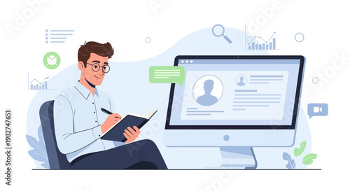 Man working at desk with computer, taking notes, business concept illustration