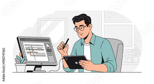Man working on computer with tablet and stylus, graphic design, animation, digital art