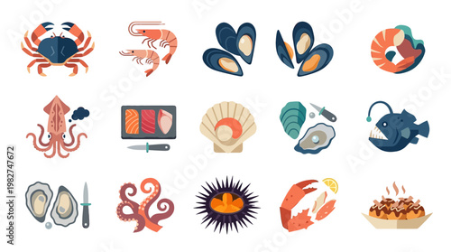 Icons Set of Marine Animals Seafood Food and Navigation Symbols in Flat Style