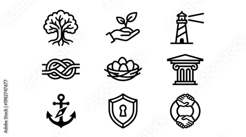Set of Minimalist Line Icons Representing Nature, Security, Navigation and Protection