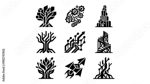 Vector Icon Set of Tree Growth Stages and Nature Symbols in Modern Style