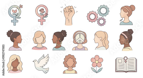 Diverse Women Empowerment Icons: Feminism, Peace, Strength, and Growth Symbols