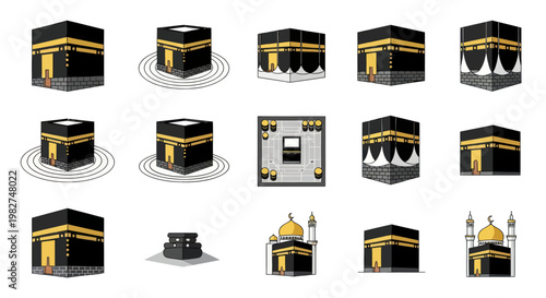 Kaaba Icons: Islamic Holy Site, Mecca Architecture, Muslim Pilgrimage Symbols
