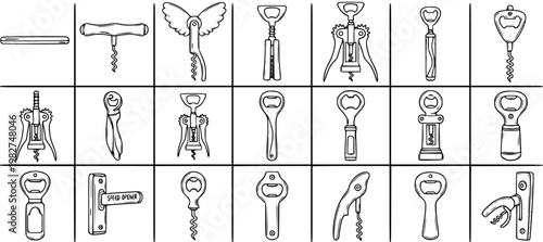 Black and White Line Art of Assorted Corkscrews and Bottle Openers for Kitchen or Bar