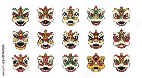 Colorful Chinese Lion Dance Heads Collection, Festive Asian Tradition, New Year Celebration