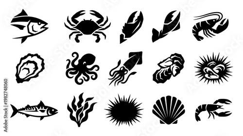 Set of Marine Animal Icons Including Fish Crab Shell Octopus and Starfish in Black Silhouettes