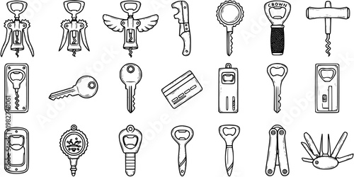 Black and White Line Art Collection of Various Corkscrews, Bottle Openers, Keys, and Multi-tool