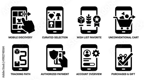 Icons Set of Mobile Discovery, Curated App Selection, Wishlist, Shopping Cart, Payment, and Account Management