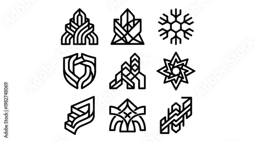 Set of Modern Winter Snowflake Vector Icons for Cold Weather and Holiday Design