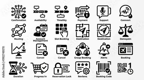 Set Of Business Icons For Payment, Management, And Booking Actions In Modern Style