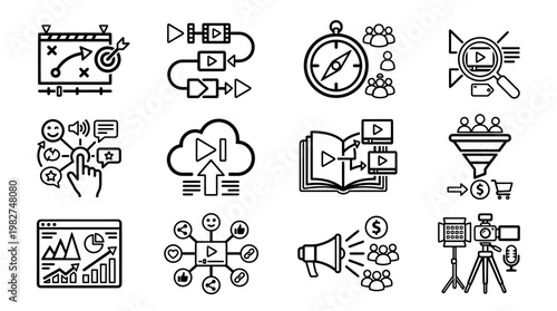 Icons Set of Video Marketing and Cloud Computing Elements for Digital Media Projects