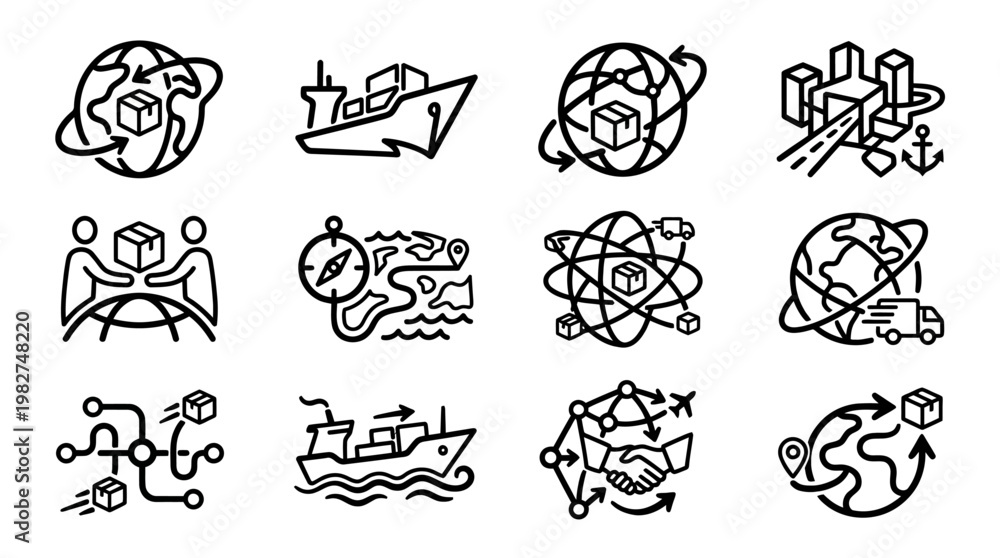 Obraz premium Vector Icon Set of Modern Business and Technology Symbols in Line Art Style