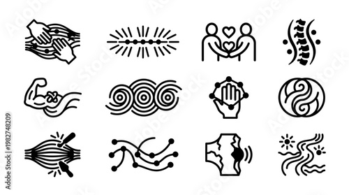 Vector Icon Set of Handshake, Love, Family, Spiritual and Wellness Symbols in Black Line Art