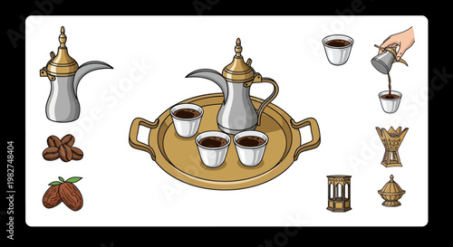 Traditional Arabic Coffee Set: Dallah, Cups, Dates, and Incense Burner