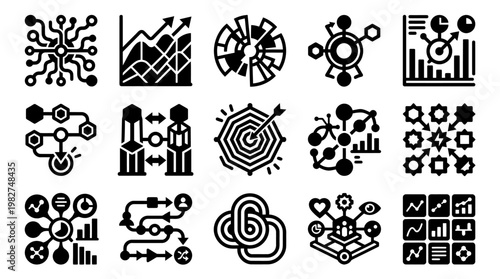 Icons Featuring Business Data Graphics and Network Connections in Modern Style