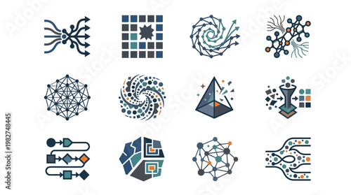 Vector Icon Set of Scientific and Technology Symbols for Data, Network, and Digital Concepts