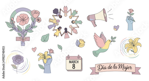 International Women's Day Celebration Icons: Feminism, Unity, Peace, Empowerment