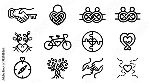 Set of Romantic Couple Icons in Hand Drawn Style for Love and Relationship Themes
