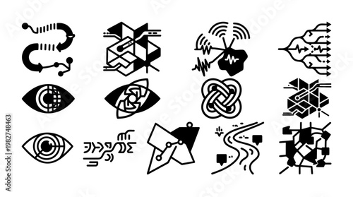 Set of Modern Black Icons Featuring Technology and Communication Symbols