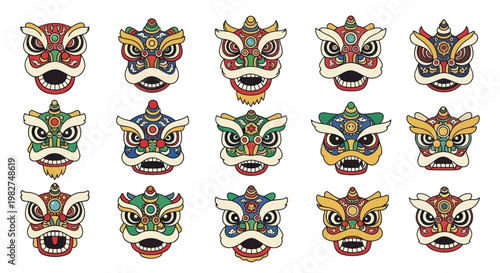 Colorful Chinese Lion Dance Heads Collection - Traditional Festival Celebration