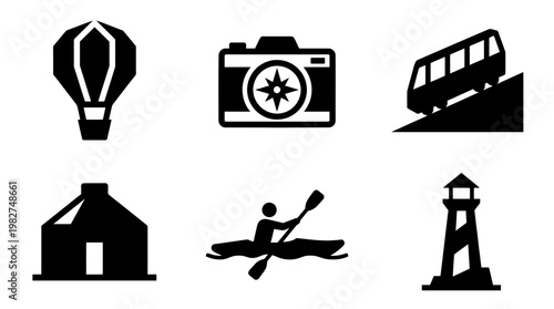 Icons Set of Camping, Adventure, Nature Travel and Transportation Symbols