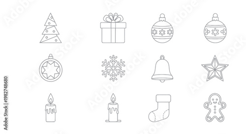 Christmas icons outline set: tree, gift, bauble, snowflake, bell, star, candle, stocking, gingerbread man