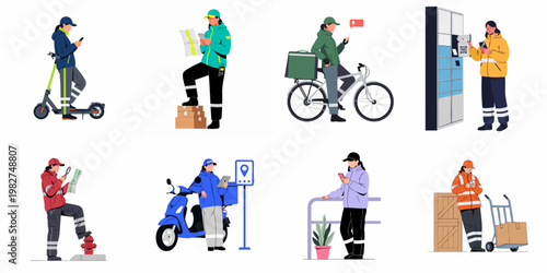 Set of diverse delivery couriers using technology and various transportation methods for package logistics and shipping services.
