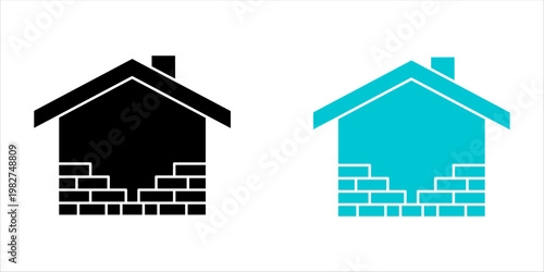House icon with brick wall foundation set, home construction and real estate symbol isolated on white background.