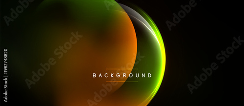 Abstract design features glowing layers, orange, green hues. Dark background emphasizes bright curves, text reads background. Modern, dynamic visual.