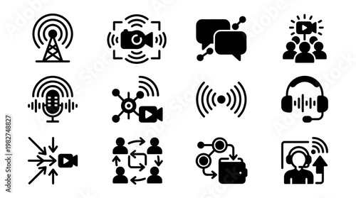 Vector Icon Set of Video Conference and Communication Symbols for Digital Collaboration