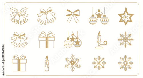 Christmas Icons Set: Bells, Bows, Ornaments, Star, Gift Box, Candle, Snowflake