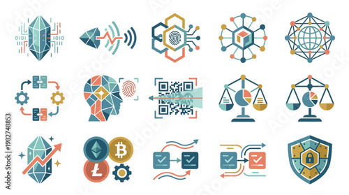 Set of Technology and Security Icons in Modern Flat Style for Digital Solutions